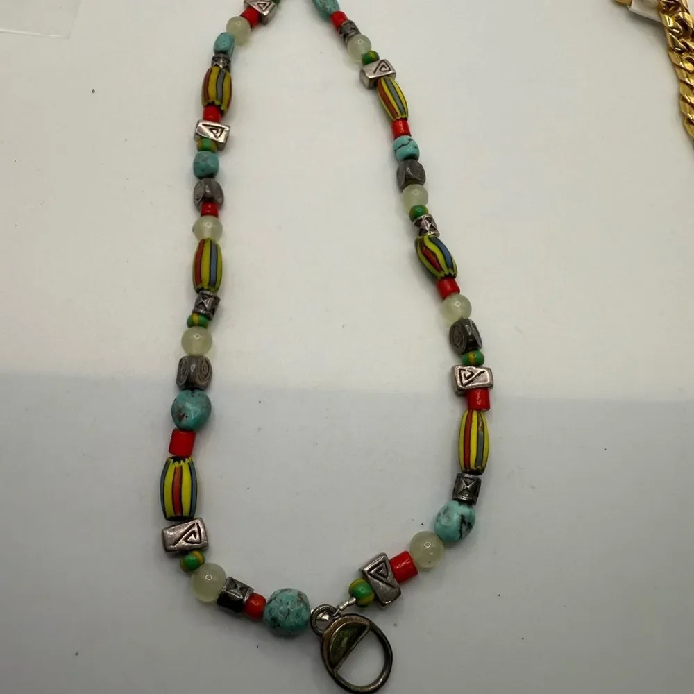 Artisan Beaded Necklace w/ Turquoise, Coral, Trade Beads & Sterling Silver 925